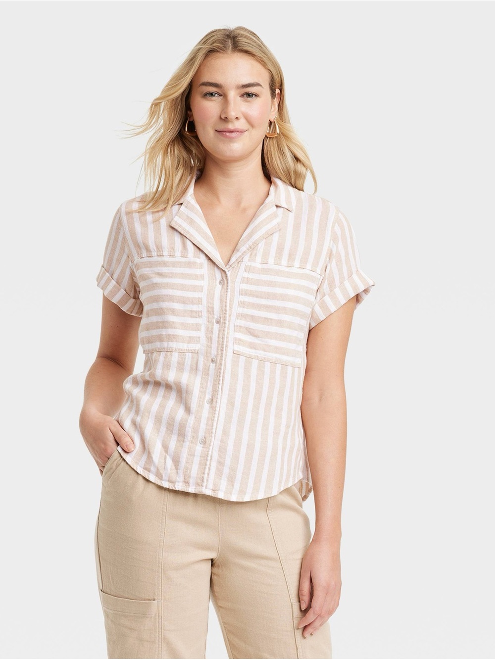 Universal Thread Linen Blend Stripe Camp Shirt Small